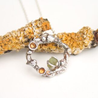 Silver lichen necklace with raw peridot gemstone