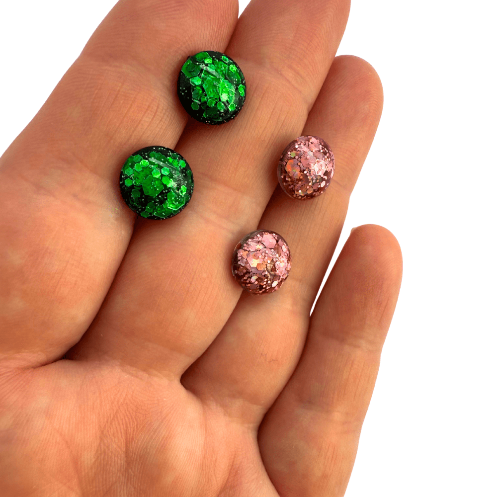 Emerald & Candy Pink Glitter Stud Earrings - Enchanted Sparkle Jewellery - Image 6