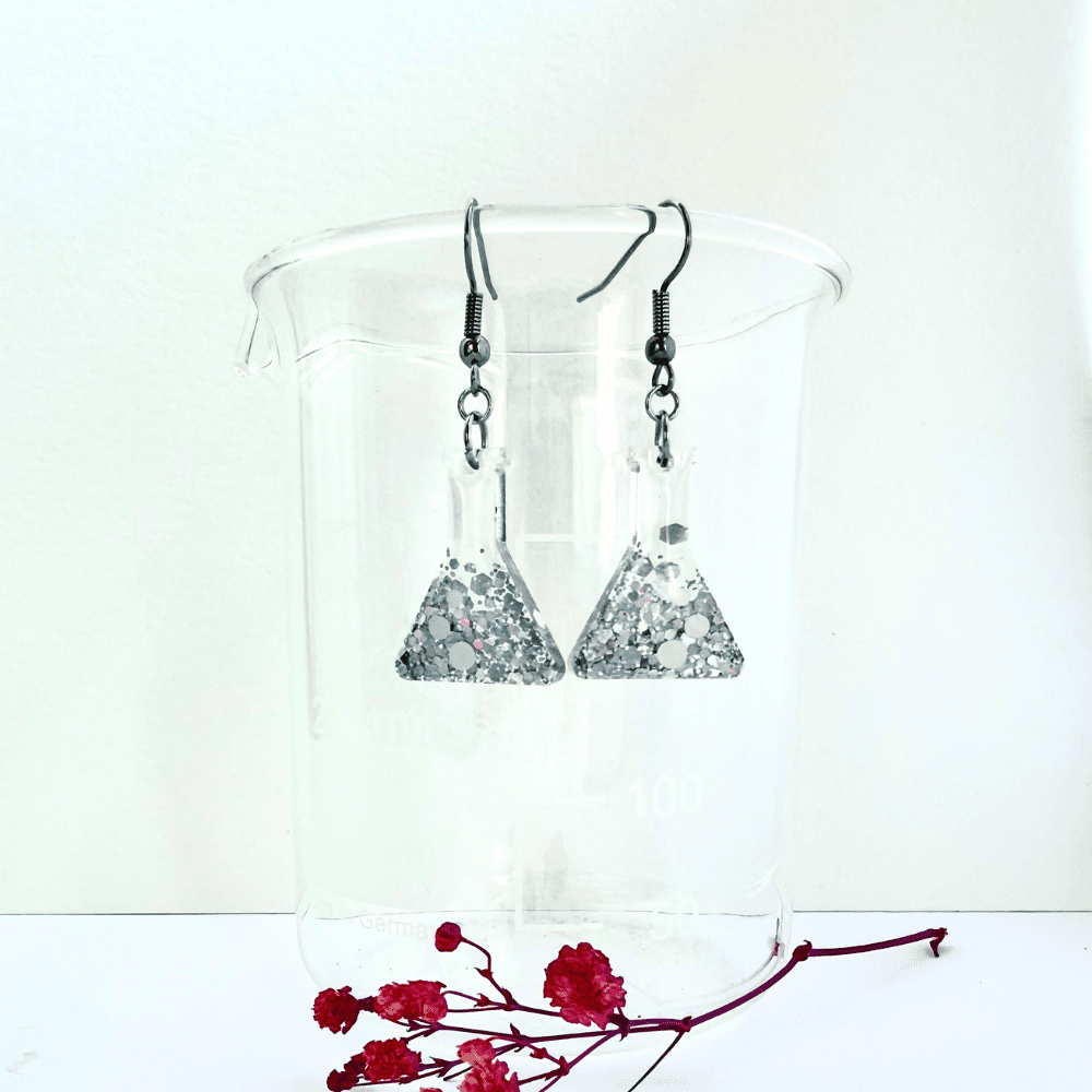 Silver Rainbow Holographic Conical Flask Earrings –Glitter Science Jewellery - Image 5