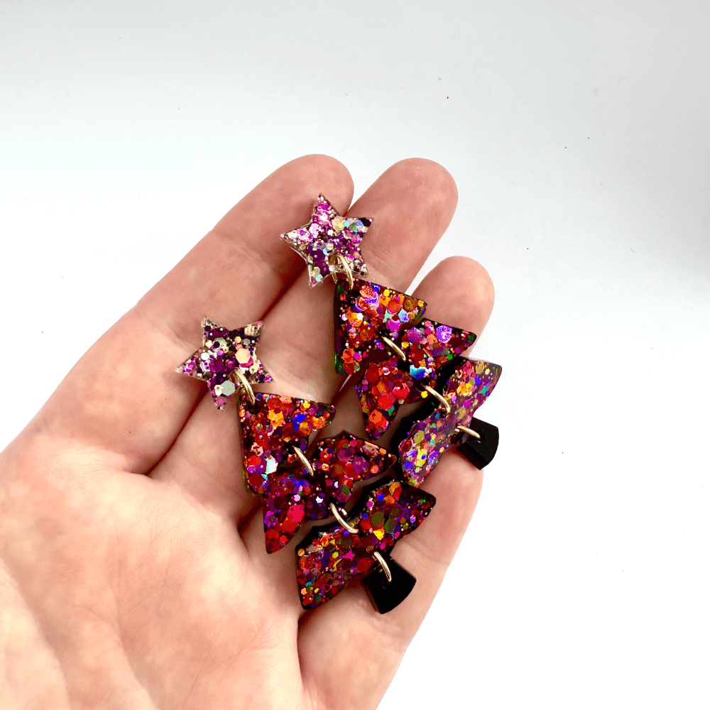 Handmade Glitter Christmas Tree Earrings – Festive Statement Jewellery - Image 6