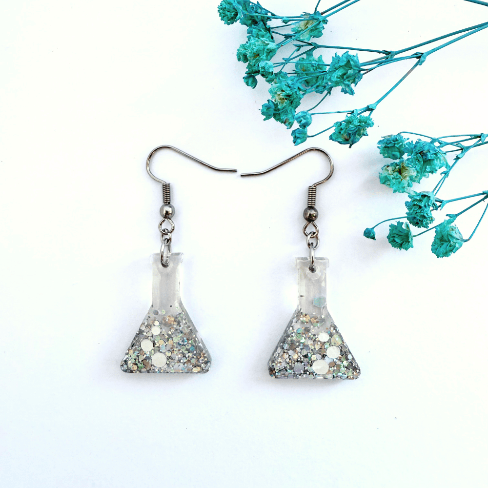 Silver Rainbow Holographic Conical Flask Earrings –Glitter Science Jewellery - Image 6