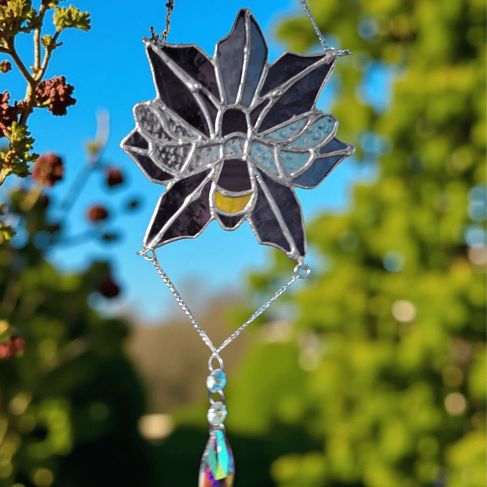 Stained Glass Flower Suncatcher with Bee and Crystal Drop - Image 2