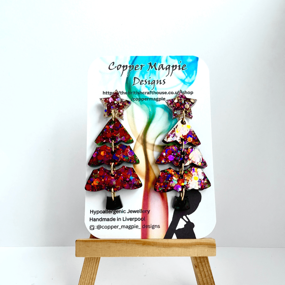 Handmade Glitter Christmas Tree Earrings – Festive Statement Jewellery - Image 2