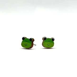 wooden frog earrings on a white background