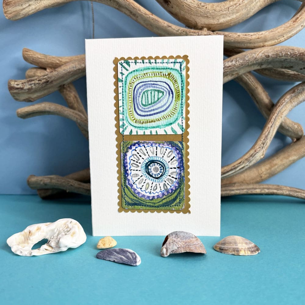 Stitched watercolour art card Double swirls a6 greetings card