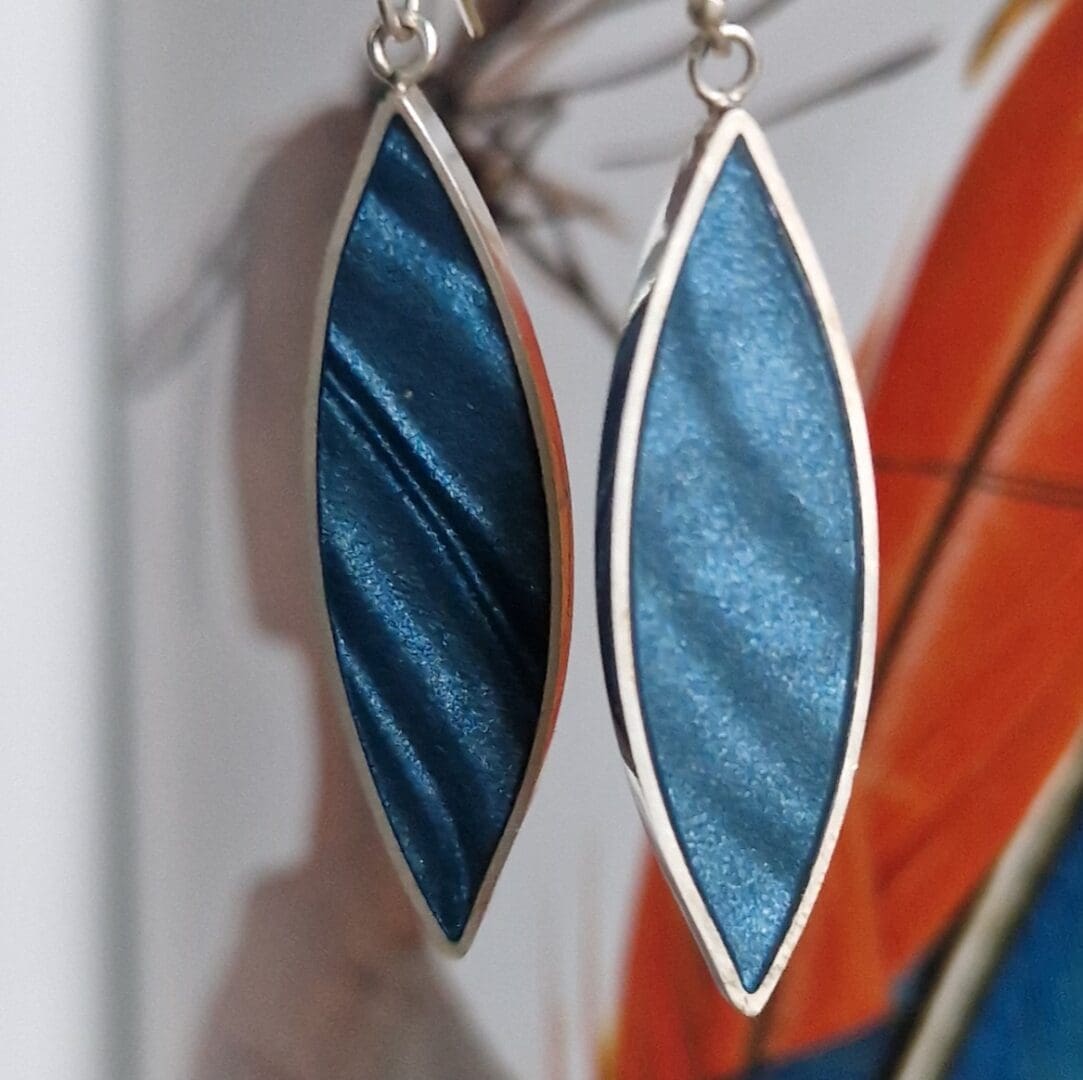 Sterling Silver and Petrol Blue Clay Leaf Earrings - Image 3