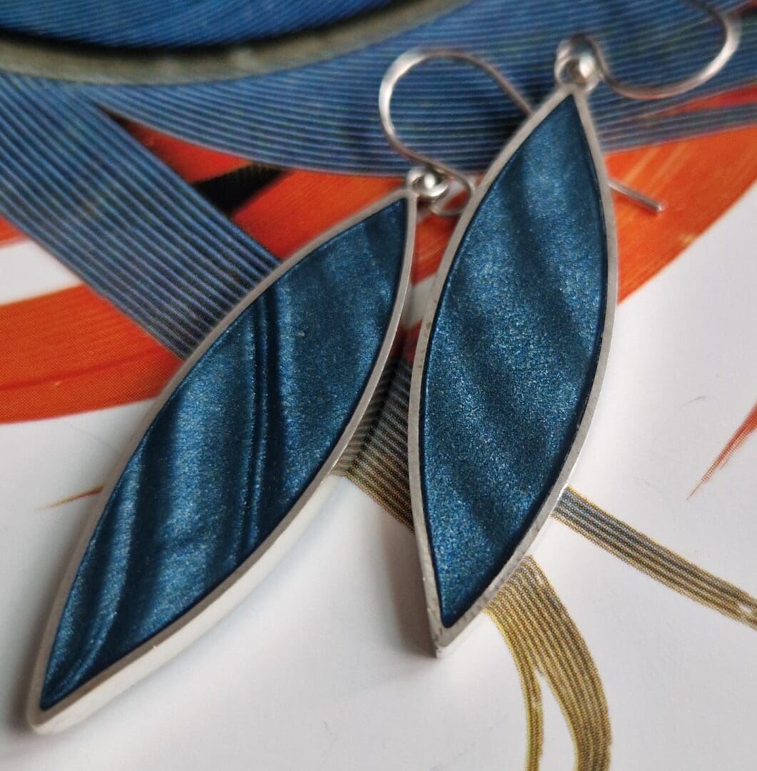 Sterling Silver and Petrol Blue Clay Leaf Earrings - Image 2
