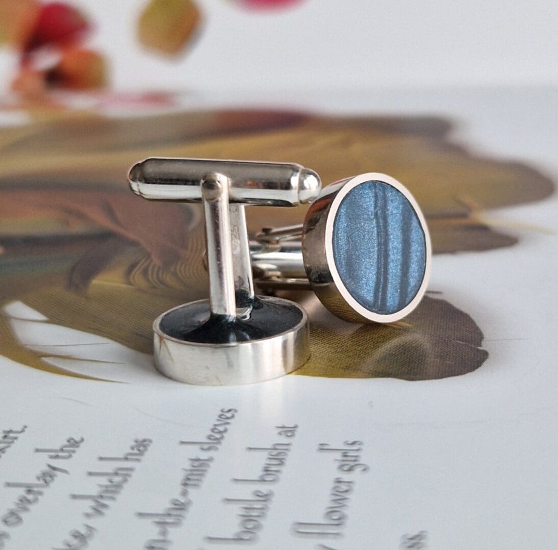 Sterling Silver and Petrol Blue Clay Round Cufflinks - Image 2