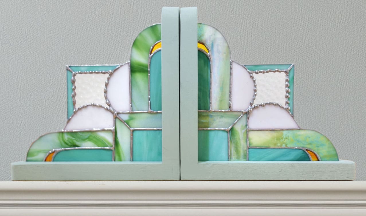 Stained Glass Art Deco Green Style Bookends FREE POSTAGE