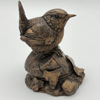 Bronze Wren sculpture for inside or the garden hand made by sculptor Kirsty Armstrong in Cumbria
