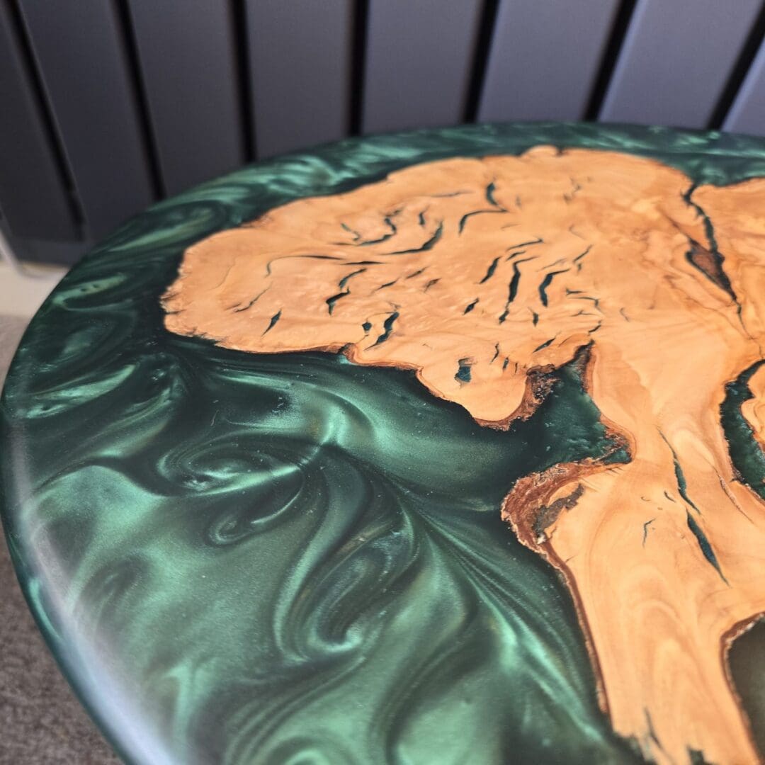 Olive Wood & Emerald Resin Side Table – Handmade by The Humble Woodshed
