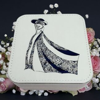 Mini jewellery box featuring monochrome art of an elegant lady
