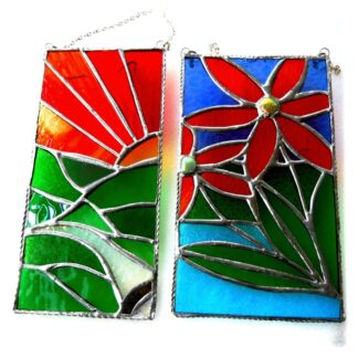 Red Flower or Sunset River panel stained glass suncatcher handmade