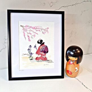 Original framed artwork of woman in kimono arranging flowers in watercolour and recycled silk