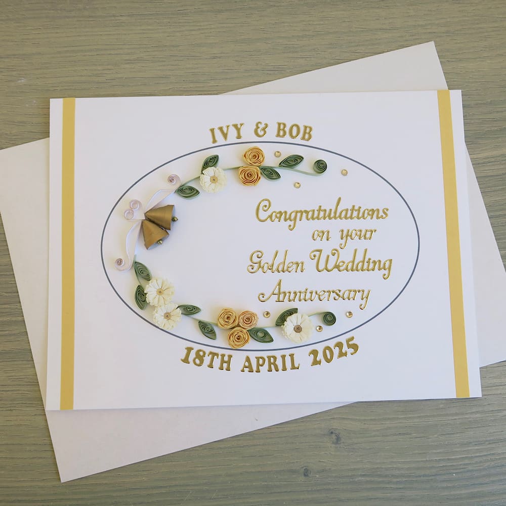 Quilled 50th golden wedding anniversary card handmade