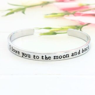 i love you to the moon and back hand-stamped aluminium cuff bracelet