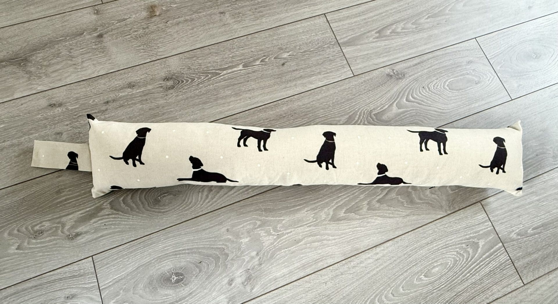 Black Labrador Print Draft Excluder – Weighted Beige Cotton Canvas - Custom Length - Machine Washable - Image 3