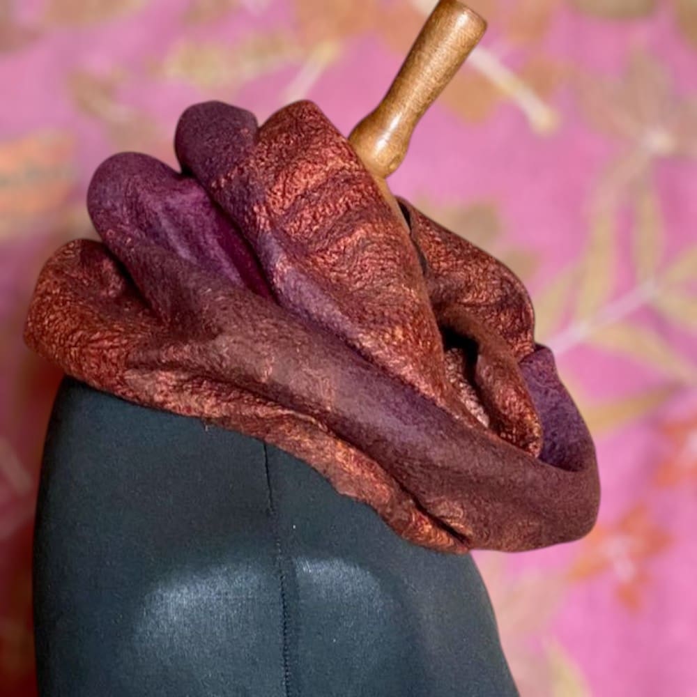 Cowl Orange Purple Wool and Silk Handmade Reversible Felt Snood Neckwarmer - Image 4