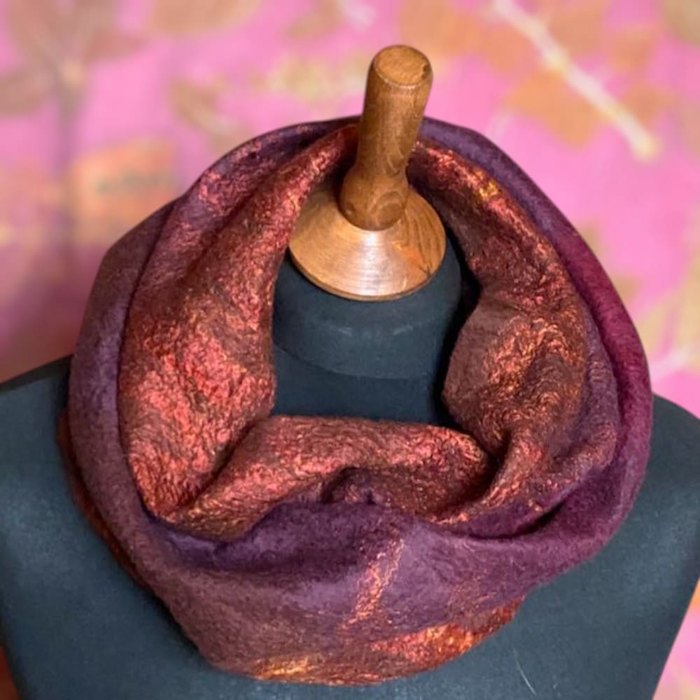 Cowl Orange Purple Wool and Silk Handmade Reversible Felt Snood Neckwarmer - Image 3