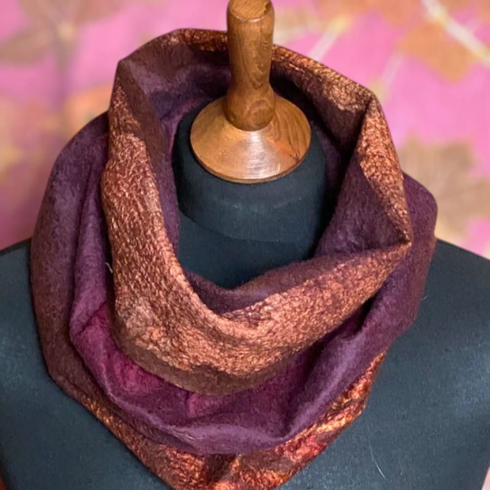 Cowl Orange Purple Wool and Silk Handmade Reversible Felt Snood Neckwarmer - Image 5