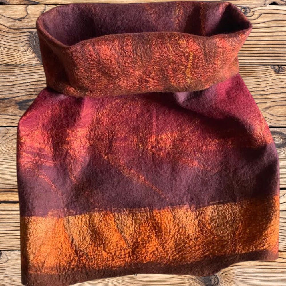Cowl Orange Purple Wool and Silk Handmade Reversible Felt Snood Neckwarmer - Image 7