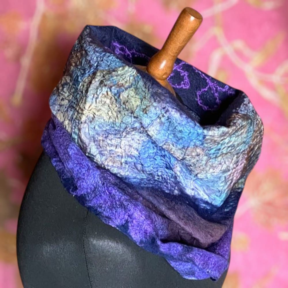 Handmade Cowl Blue Wool Silk Felt Snood Neckwarmer Reversible - Image 3