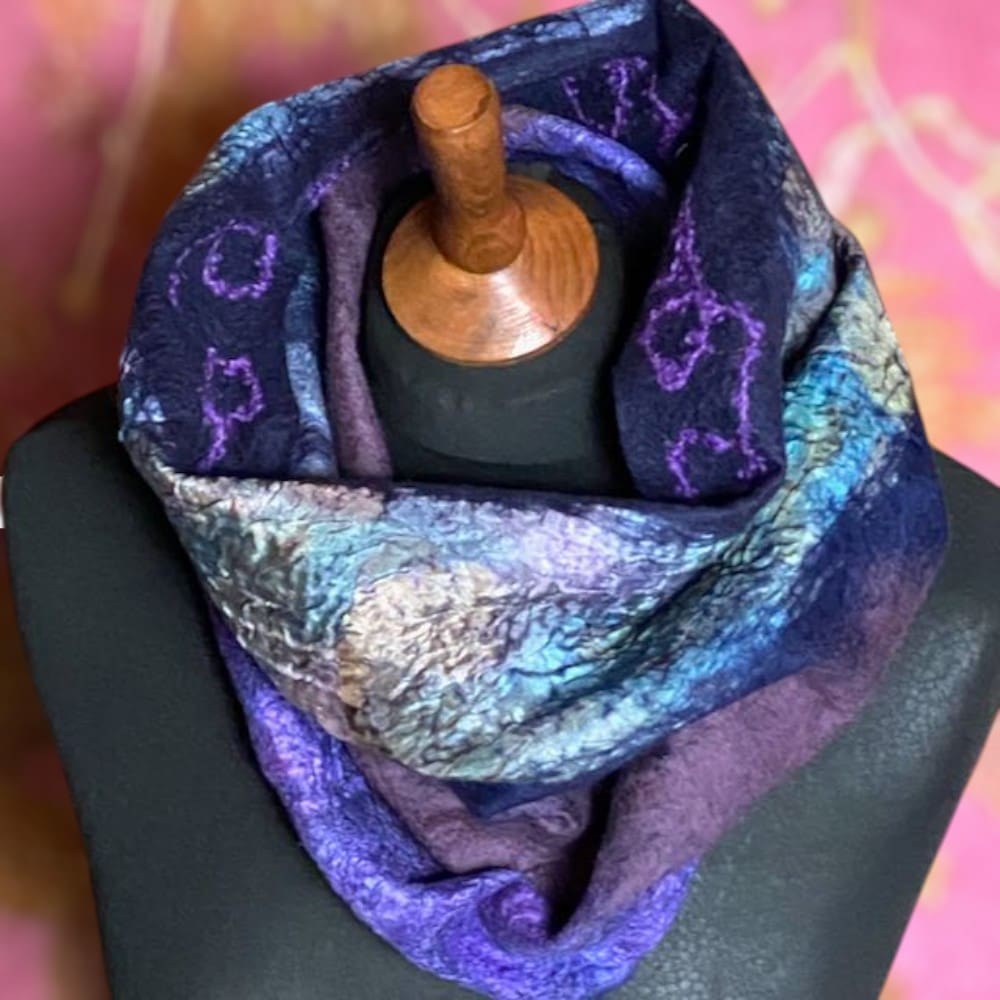 Handmade Cowl Blue Wool Silk Felt Snood Neckwarmer Reversible - Image 4