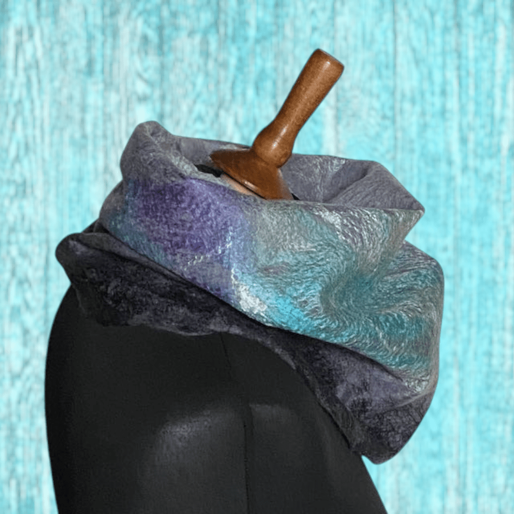 Cowl Turquoise River Grey Wool and Silk Handmade Reversible Felt Snood Neckwarmer - Image 2