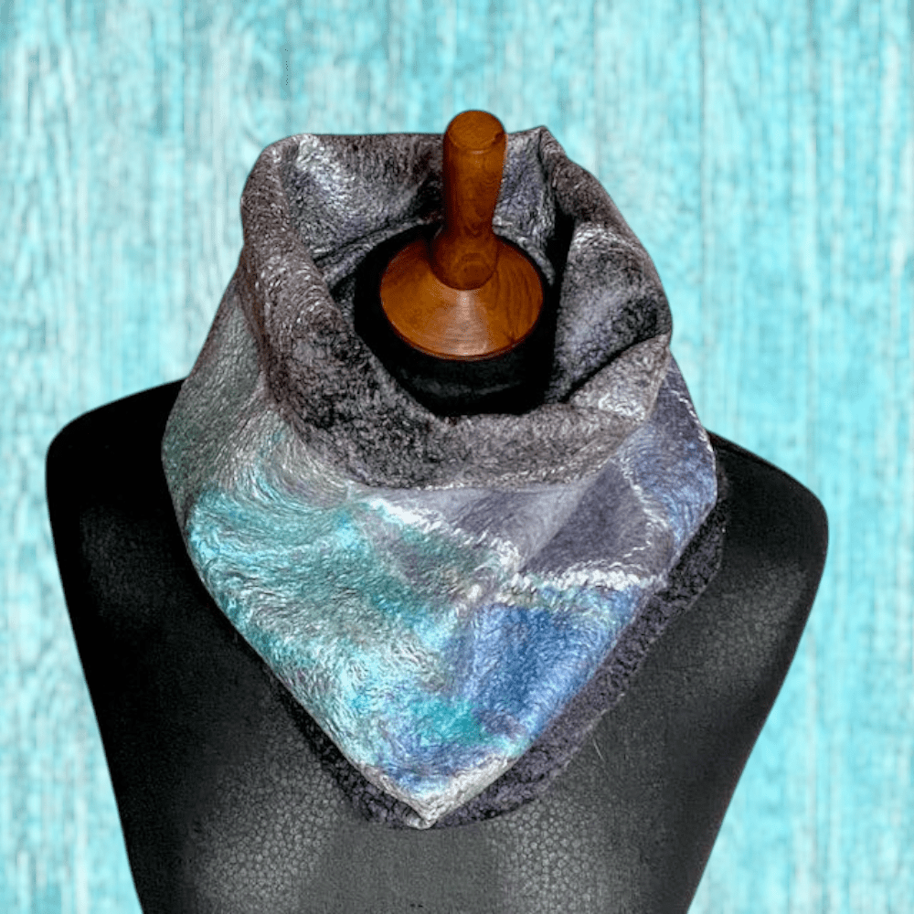 Cowl Turquoise River Grey Wool and Silk Handmade Reversible Felt Snood Neckwarmer - Image 3
