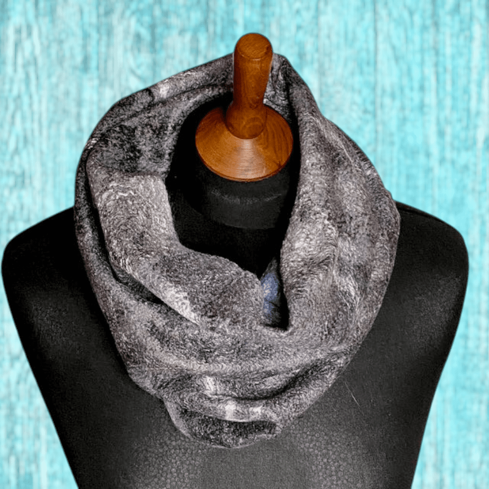 Cowl Turquoise River Grey Wool and Silk Handmade Reversible Felt Snood Neckwarmer - Image 4