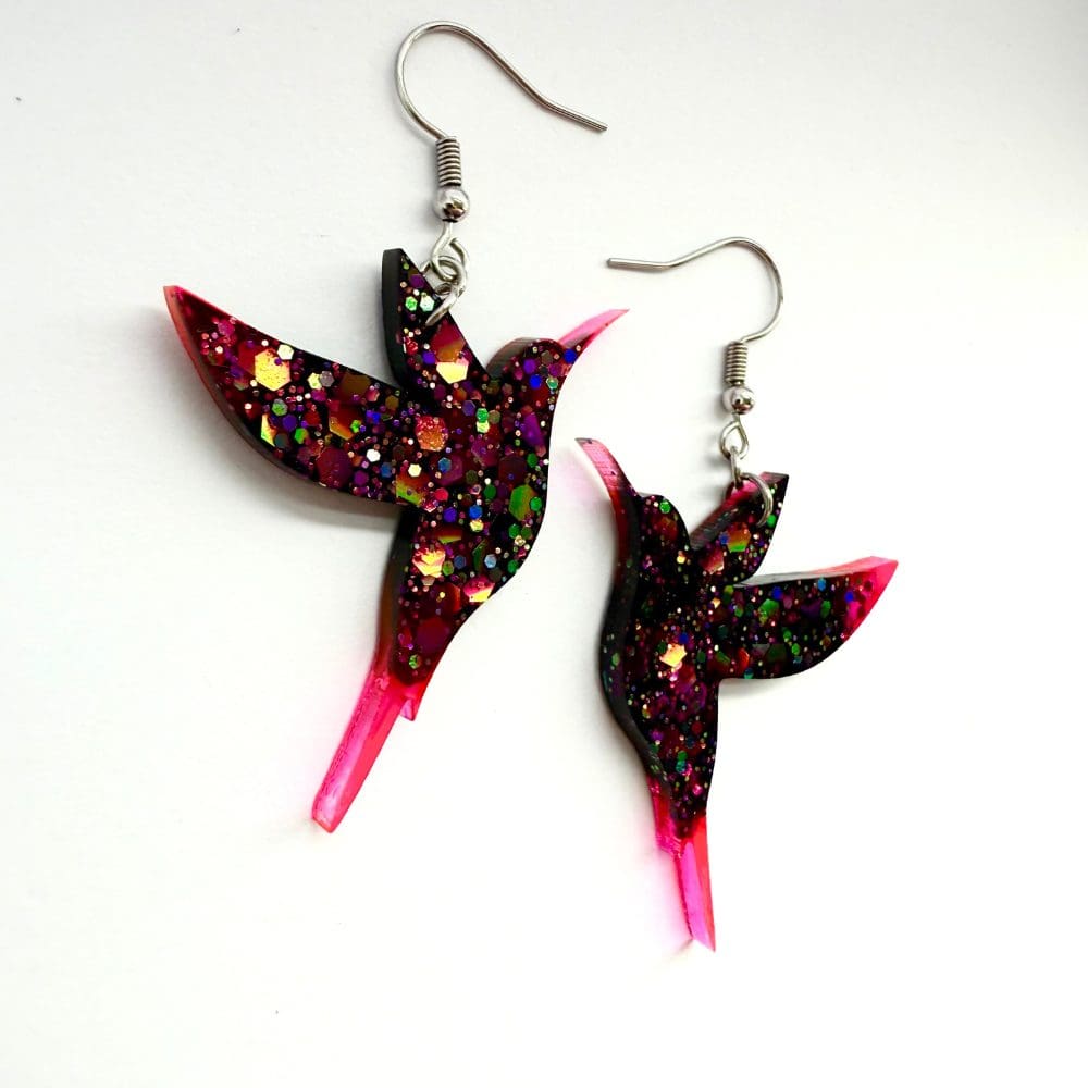 Handmade Glitter Hummingbird Resin Earrings – Statement Boho Jewellery - Image 8