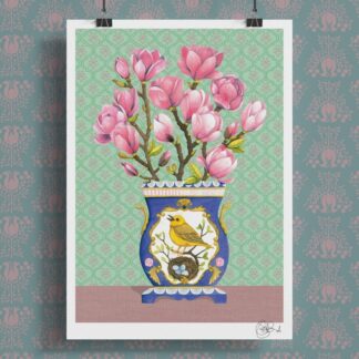 Hand-painted Magnolias in a Vase fine art print featuring pink magnolia blooms in a blue and gold decorative vase with a bird and nest motif, set against a soft green patterned background.