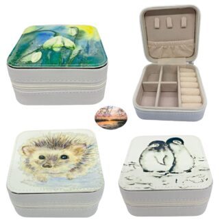 Mini jewellery boxes featuring nature art choices of Snowdrop, Hedgehog and Penguins