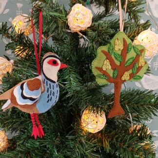 Partridge and pear tree duo of felt hanging Christmas tree decorations by lyndawilcansew hung on a tree with rattan ball fairy lights