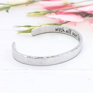 6mm hammered textured aluminium cuff bracelet with a personalised hand-stamped message hidden inside