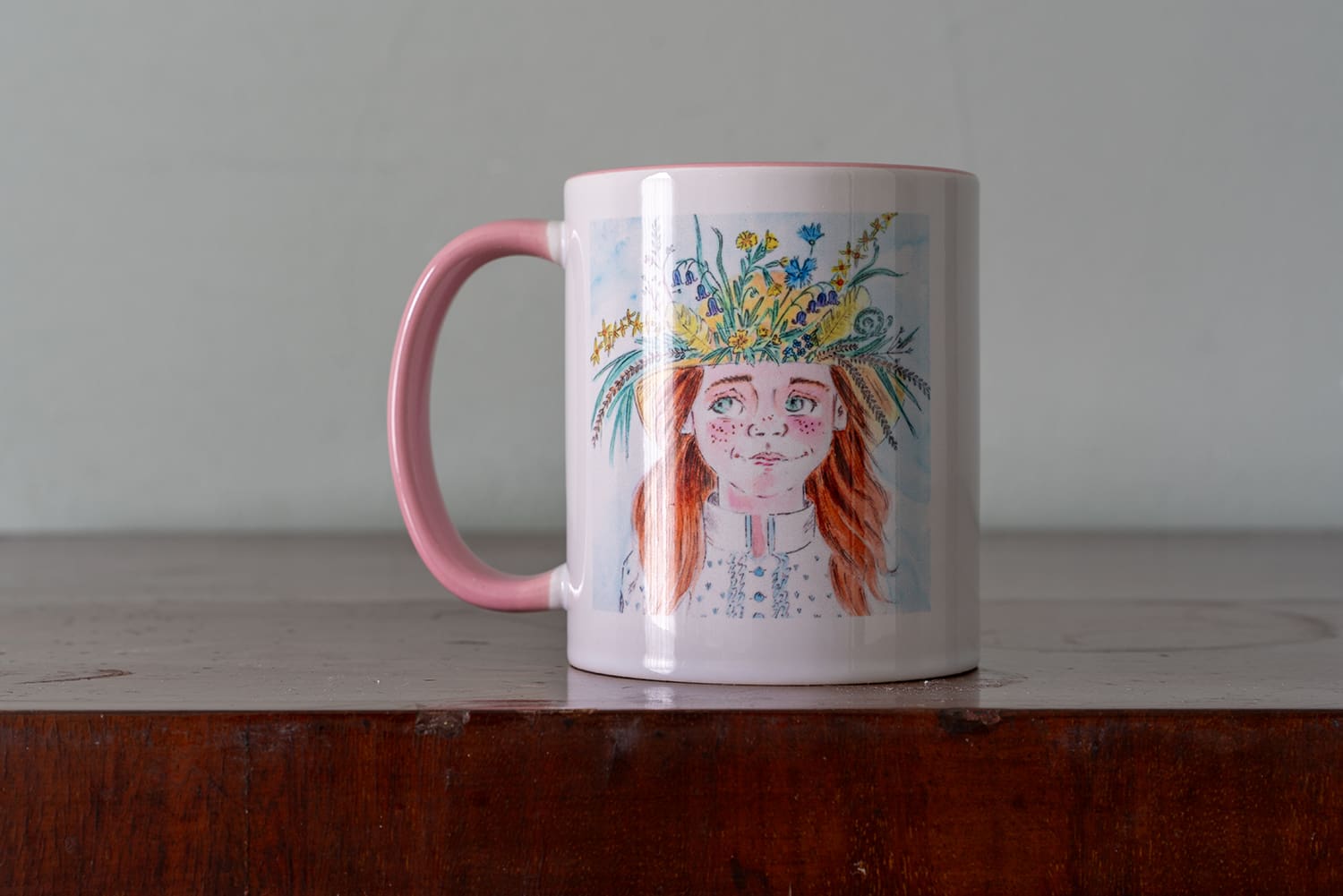 Mugs (Pink or Yellow) Illustrated with Original Print of Girl with A Wildflower Bonnet - Image 5