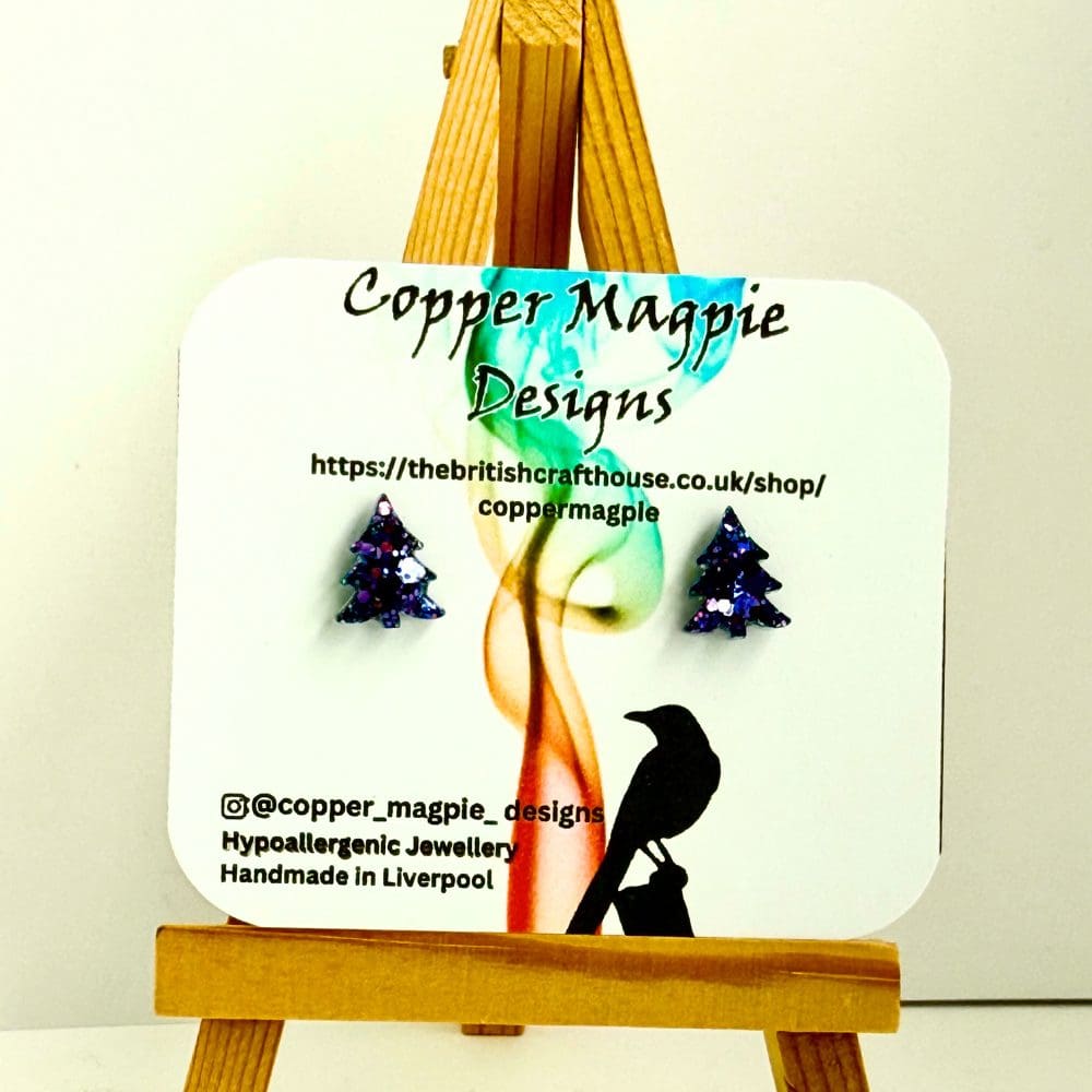 Purple Glitter Christmas Tree Stud Earrings - Cute Festive gift - Image 8