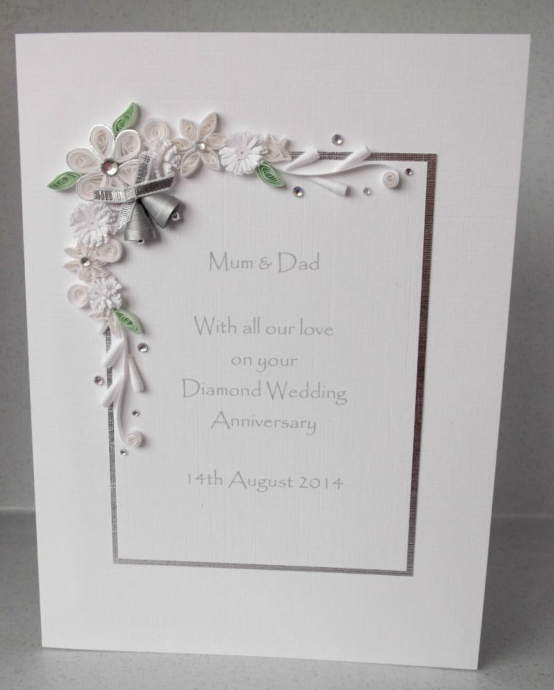 Handmade, personalised diamond 60th wedding anniversary card with paper quilling in white and silver