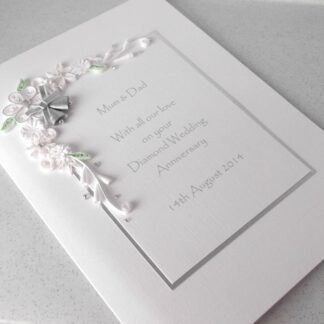 Handmade, personalised diamond 60th wedding anniversary card with paper quilling in white and silver