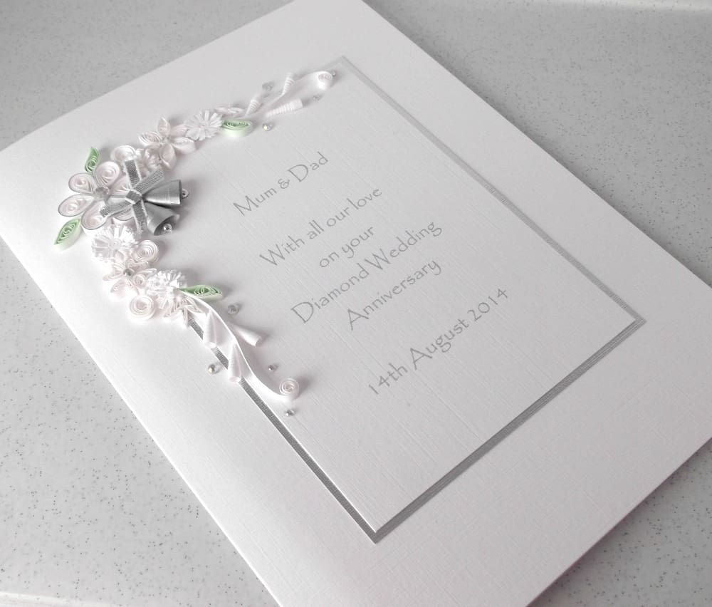 Handmade, personalised diamond 60th wedding anniversary card with paper quilling in white and silver