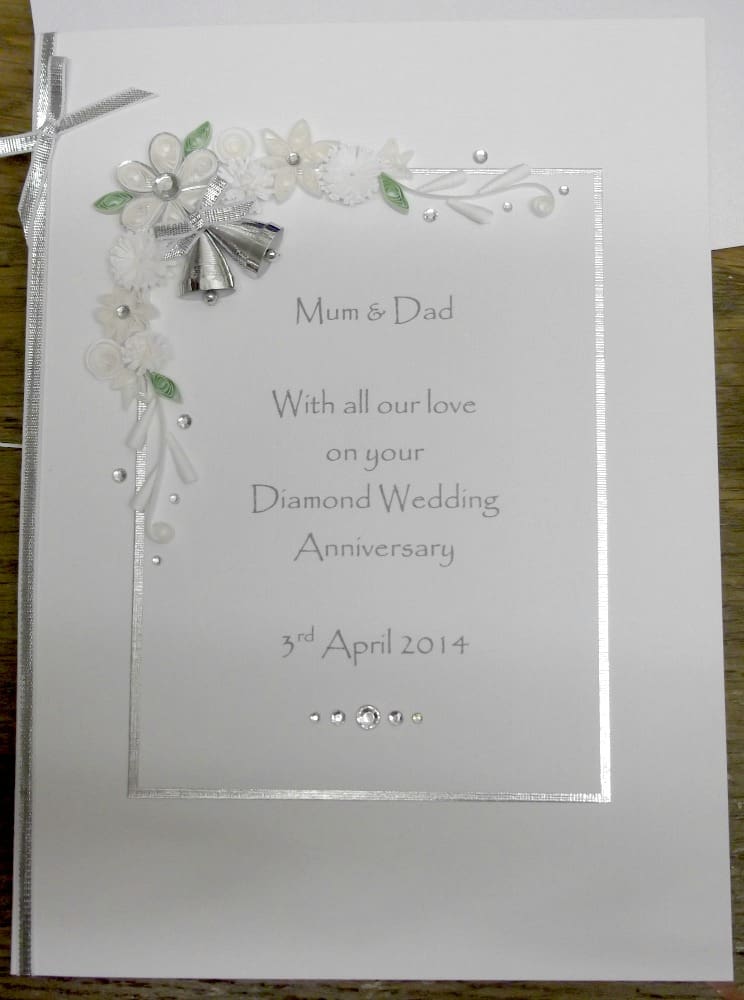 Handmade, personalised diamond 60th wedding anniversary card with paper quilling in white and silver