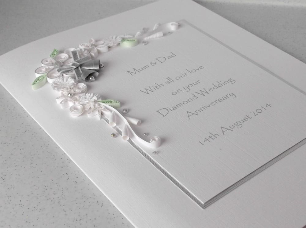 Handmade, personalised diamond 60th wedding anniversary card with paper quilling in white and silver