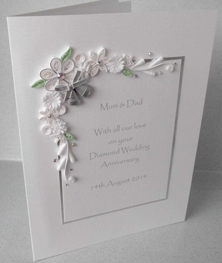 Handmade, personalised diamond 60th wedding anniversary card with paper quilling in white and silver