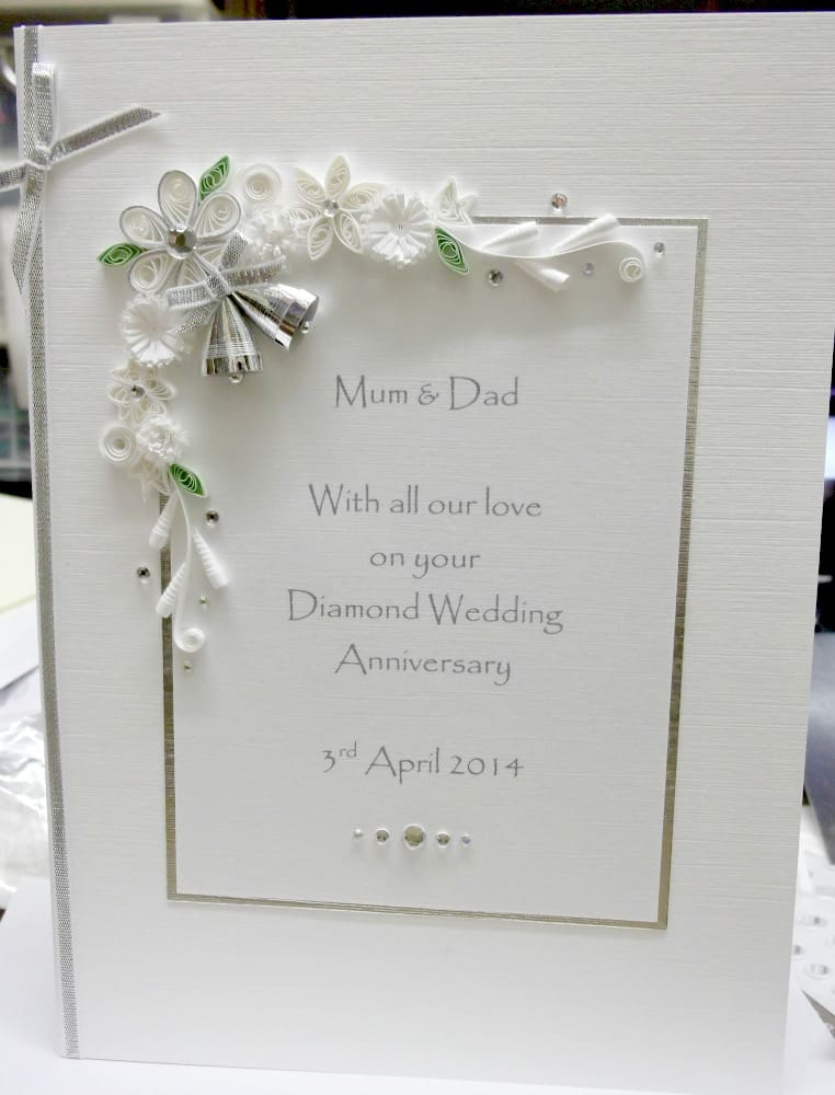 Handmade, personalised diamond 60th wedding anniversary card with paper quilling in white and silver