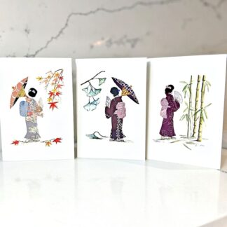 Set of 3 printed cards with Japanese women in kimonos