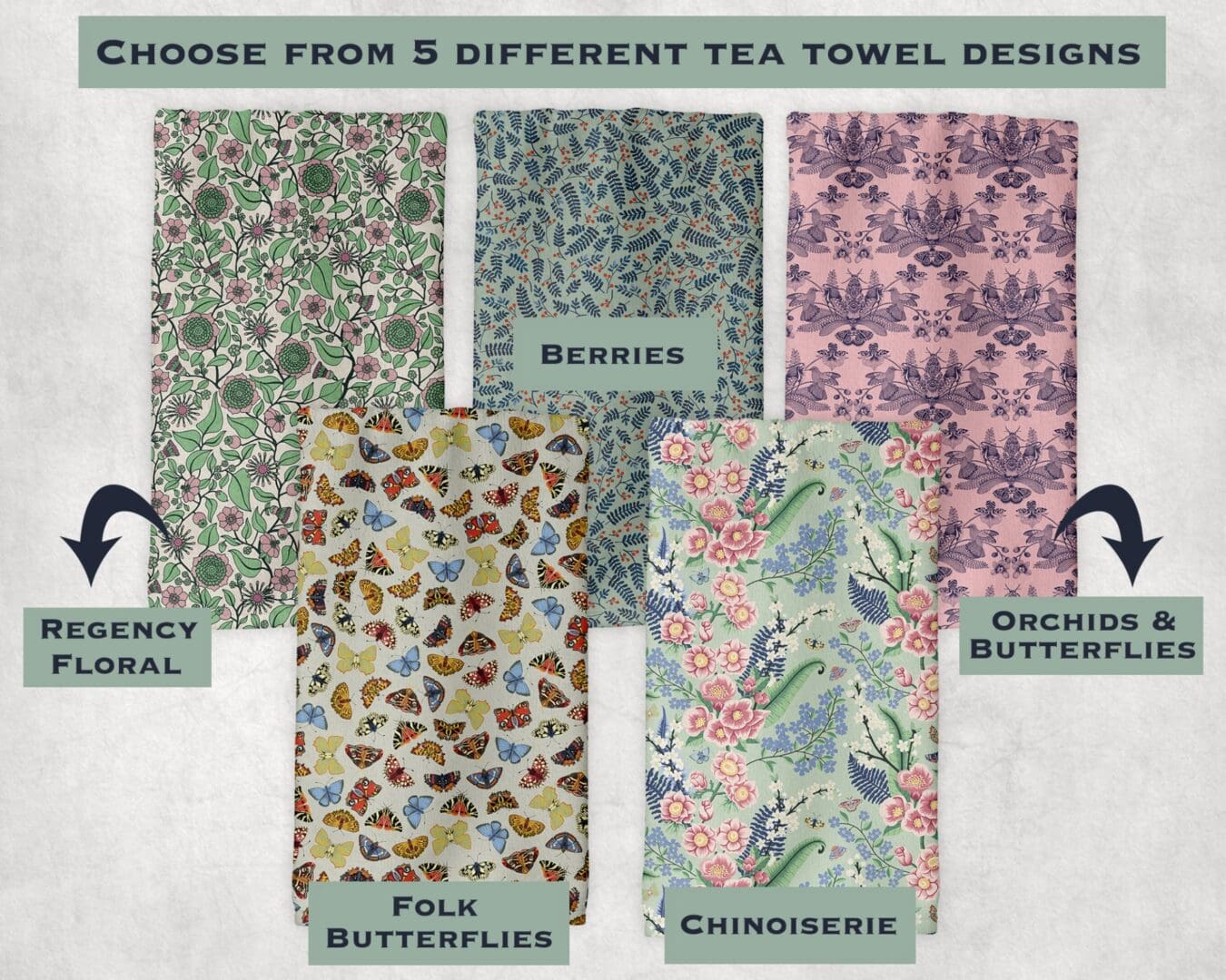 Infographic showing five hand-illustrated cotton tea towel designs – Regency Floral, Berries, Orchids & Butterflies, Folk Butterflies, and Chinoiserie by The Illustrarium