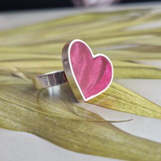 Handmade sterling silver heart ring, inlayed with resin and polymer clay, in shades of winterberry crimson red with a satin finish