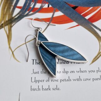 Handmade sterling silver leaf earrings, inlayed with polymer clay, in shades of petrol lyons blue with a satin finish