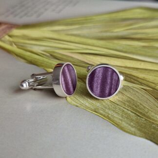 Handmade sterling silver round cufflinks, inlayed with polymer clay, in shades of dusky lilac purple