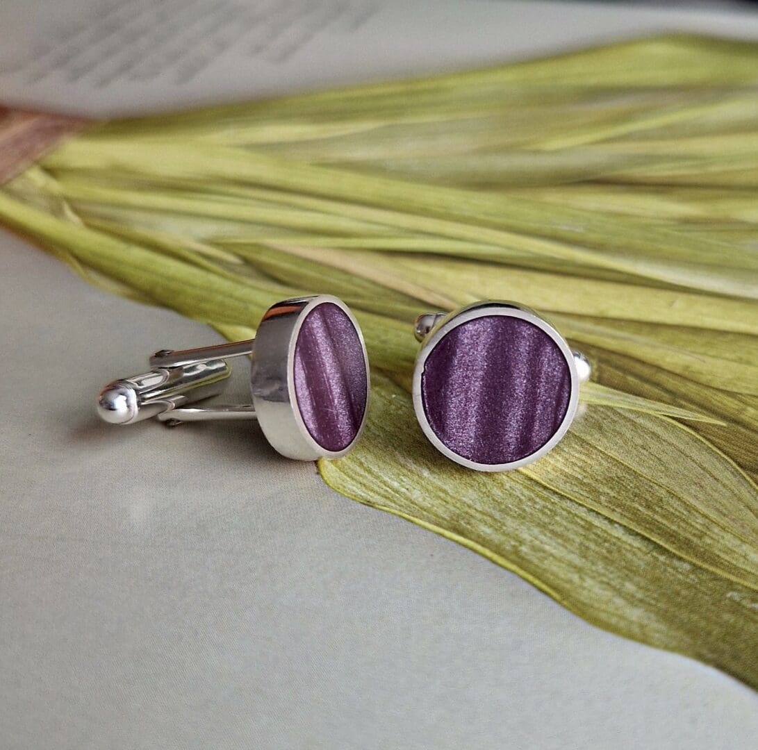 Handmade sterling silver round cufflinks, inlayed with polymer clay, in shades of dusky lilac purple